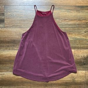 Small, maroon, spaghetti strap, higher neck, top.